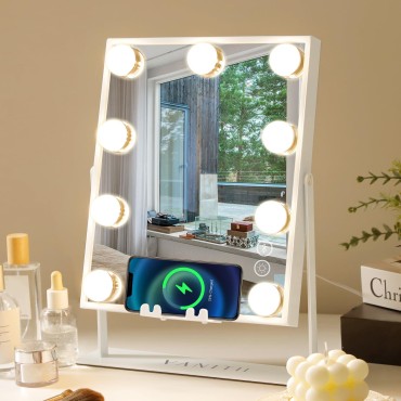 VANITII GLOBAL Vanity Mirror with Lights 9 Bulbs Music Speaker Wireless Charger Lighted Hollywood Makeup Mirror for Tabletop 360 Degree Rotation 10X Magnification