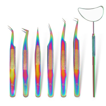 Lizmann Lash Tweezers Eyelash Extensions Tweezers Set 7 PCS Individual and Volume Lash Extensions Eyelash Applicator Tool Precision Tweezers for Eyelash Extension Professional- Rainbow