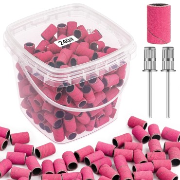 Rolybag Sanding Bands for Nail Drill 240 Grit Extreme Fine Nail Sanding Bands 200Pcs Pink Professional Sanding Bands and 2Pcs Nail Drill Bits for Manicures and Pedicure