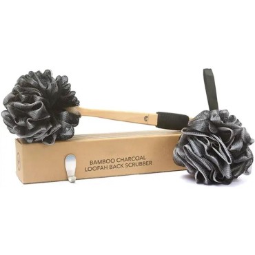Premium 3-Piece Bamboo Charcoal Fiber Infused Bath Set: Long Handled Shower Sponge, Bath & Shower Luffa Pouf Poof, and Convenient Hanging Hook - Exfoliation, Cleansing, and Storage by MZA Body Store