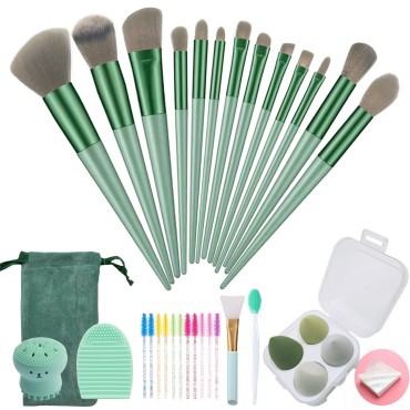Muhuabeuaty 23 pcs Makeup Brushes Set with Beauty Blender, Foundation Brush Eyeshadow Concealers Powder Brushes, 4 pcs Boxed Makeup Sponges for Professional Makeup Kits (Middle Size, Green)