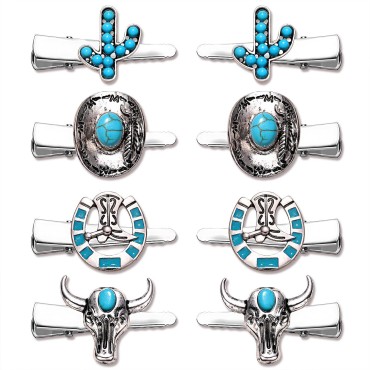 8PCS Western Turquoise Hair Clips for Women, Cowboy Cowgirl Boot Hat Hair Clips Turquoise Star Lightning Cactus Hairpins Vintage Turquoise Hair Accessories (Pattern A)