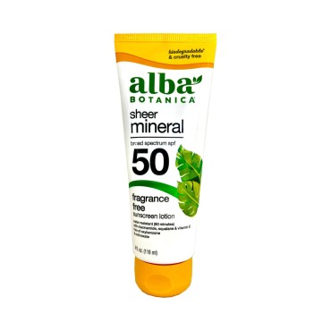 Alba Botanica Sheer Mineral Sunscreen Lotion SPF 50, Fragrance Free, Large 4 fl oz