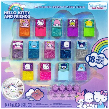 Townley Girl Hello Kitty and Friends Peel-Off Nail Polish Set with Glittery Shimmery & Opaque Colors & Nail Accessories for Girls Ages 3+ For Parties & Makeovers, 18 Pcs