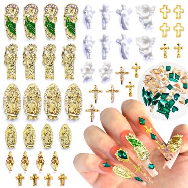 96pcs San Judas Virgin Mary Cross 3D Nail Charms Angel Gold Alloy Metal Rhinestones for Acrylic Nail Art Religious Gems Jewels Vintage Nail Tip Manicure Accessories Decoration Supplies Craft DIY