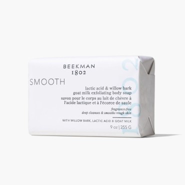Beekman 1802 Smooth Lactic Acid & Willow Bark Goat Milk Scrub Bar Soap - Fragrance Free - 9 oz - Lactic Acid and BHA alternative - Smooths Rough Skin - Good for Sensitive Skin - Cruelty Free