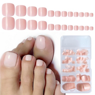 AddFavor Press on Toenails Nude Fake Toe Nails Glossy Full Cover Glue on Toenails with Sticky Tabs for for Women and Girls, 12 Sizes, 240pcs