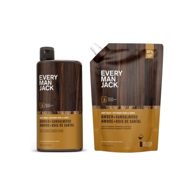 Every Man Jack Amber + Sandalwood Mens Body Wash Refill Starter Pouch - Cleanse and Hydrate Skin with Naturally Derived Ingredients - Paraben Free and Dye Free - (1-36oz pouch, 1-24oz bottle)