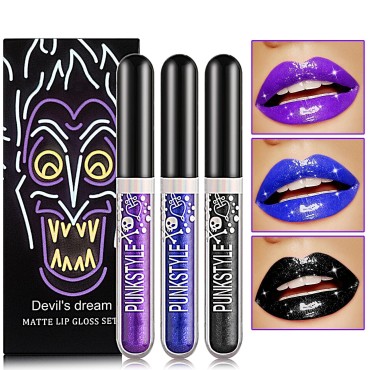 3Pcs Black Blue Purple Liquid Glitter Lipstick Lip...