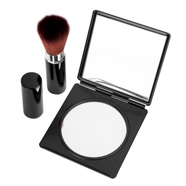 EYIDADAE Mini Fashion Elegant Compact Mirror, Travel Makeup Portable Pocket Mirror 1X/2X Magnifier,Powder Blusher Brush with Retractable Soft Hair (M28 Black)