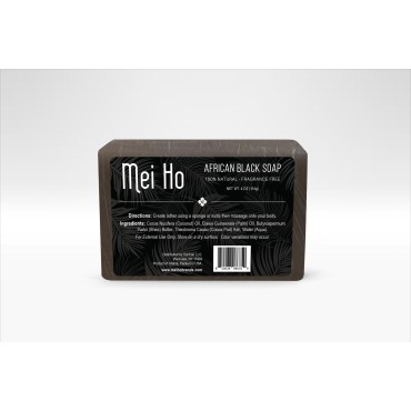 MEI HO 100% Natural Raw African Black Soap Bar with Raw Shea Butter, Coconut Oil, Cacao 1 pack 4 oz.
