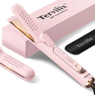 Terviiix Airflow Styler Hair Straightener, Titanium Flat Iron for Travel, Straightening Iron with Cooling Air Vents to Lock in Style, 5 Adjustable Temp, Dual Voltage, Auto Shut Off, Pink