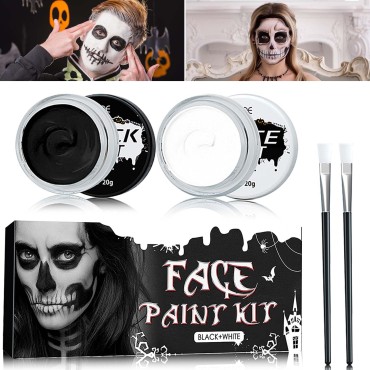 Black White Face Body Paint Set,Oil Based Face Painting Kit,Special Effects Halloween SFX Makeup Kit with 2 Brushes,Halloween Face Paint Palette Kit for Clown Zombie Halloween Cosplay Makeup