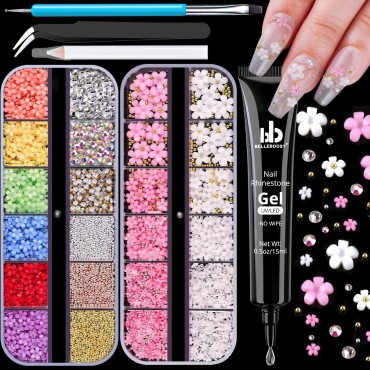 3D Flowers Manicure Gems with Nail Rhinestone Glue...