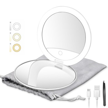 LED Lighted Travel Makeup Mirror, 5 inch 1x/10x Magnifying, Medical Grade LEDs, Rechargeable 1000mAh Battery- Touch Screen, 3 Colors Light & Brightness Dimmable, Compact Mirror with Light (White)