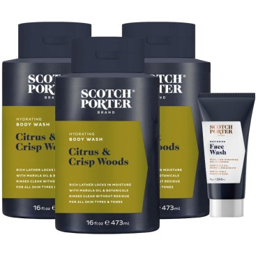 Scotch Porter Hydrating Body Wash for Men | Citrus & Crisp Woods | 3 Pack (plus free 1 oz Face Wash) | Formulated with Non-Toxic Ingredients, Free of Parabens, Sulfates & Silicones | Vegan | 16 Fl oz x 3 Bottles