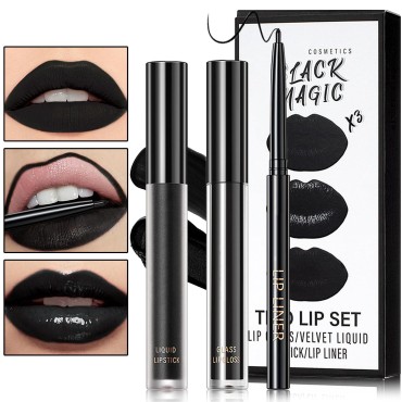 Black Matte Liquid Lipstick,3 in 1 Black Lip Liner...