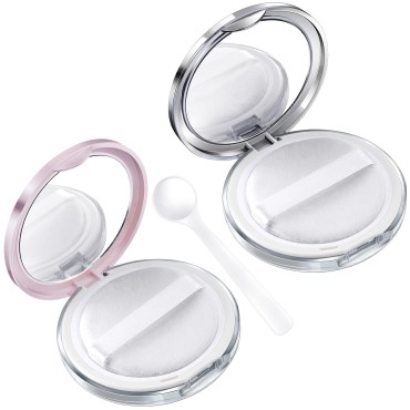 OIIKI 2 Packs Loose Powder Compact Containers, 3g Refillable Container with Powder Puff, Mirror, Net, Spoon, DIY Makeup Powder Cases Portable Powder Compact Boxes for Daily Use or Travel -Pink, Silver