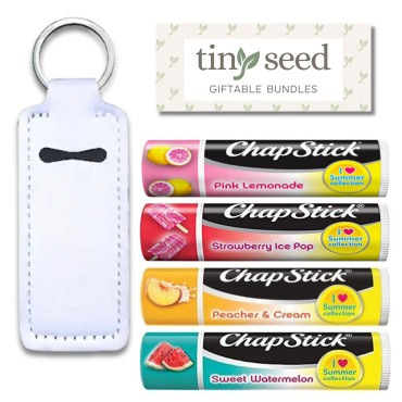 Set of 4 Lip Balms Including Pink Lemonade, Peaches & Cream, Strawberry Ice Pop, and Sweet Watermelon from Chapstick, Plus Bonus Lip Balm Holder Keychain (White). Unique Gift Bundle from Tiny Seed