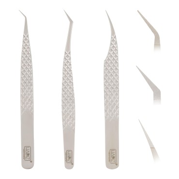 HADIZ Eyelash Extension Tweezers, Curved Tip Stainless Steel Volume Lash Tweezers, Curved Angled L Tip Isolation Lashing 45 Degree Tweezers Tools (pack of 3, silver)