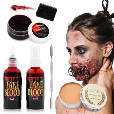 6 Pieces Scar Wax SFX Makeup Kit with Fake Blood Spray Coagulated Blood Gel Sponge Spatula Tool, Halloween Special Effects Wound Modeling SFX Stage Fancy Dress Up Cosplay Kit