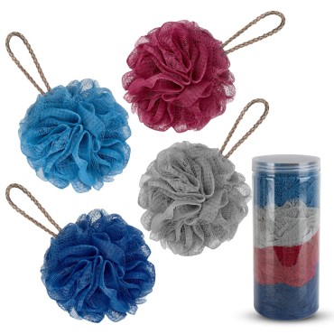 Lavador Multi Color Optional Shower Ball Soft Sponge Scrubbing Exfoliating and Skincare Removing Bath Sponge Luffa Body Scrub Cotton Mesh Bag Shower Ball Exfoliating Bath Sponge 4 Pack (60g/pcs)