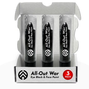 All-Out War Eye Black, Face & Body Paint, Designed by a Youth Athlete in Michigan, Sports Drip Stick Eyeblack Accessories for Baseball, Softball, Lacrosse, Football Gear, Halloween Makeup, 3 Pack