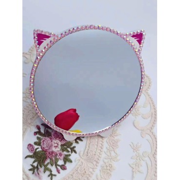 Jxiaoyumio Bling Rhinestone Makeup Mirror Cut Cat Mirror Wood Table Vanity Cosmetic Mirror for Tabletop Travel Hand Mirror Meaningful Gift for Girls Women Pink