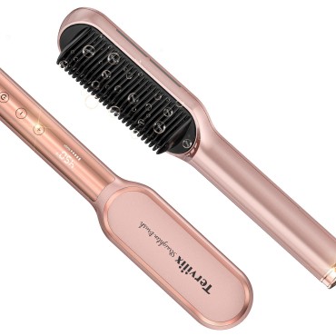 Terviiix Hair Straightener Brush, 1.5 Inch Wide Flat Iron Hair Straightener Comb for Hair, Ceramic Ionic Hair Straightening Comb with 13 Temps LCD Display, Dual Voltage
