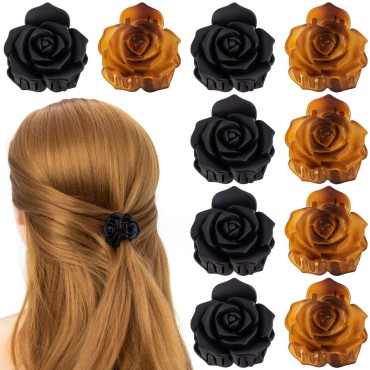 OIIKI 10PCS Small Rose Flower Hair Clips for Women, 1.45in Flower Hair Claw Clips, Elegant Matte Plastic Hair Barrettes Clamps, Cute Hair Accessories for Women, Girls - Black, Brown
