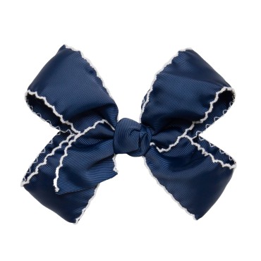 HAIRBOWS Girls' Grosgrain Moonstitch Hair Bow with a Knot Wrap Center on a Clip, All Ages and Hair Types, 6 Inch Bow, Navy w/White Trim