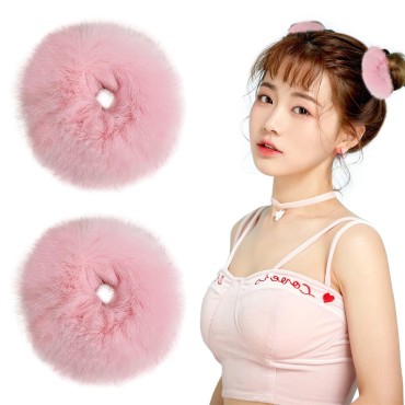 Pink Pom Pom Hair Tie, Fuzzy Scrunchies with Faux ...