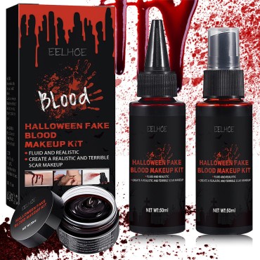 3Pcs Fake Blood Halloween Special Effects SFX Makeup Kit,Fake Blood Spray Makeup,Coagulated Blood Realistic Dripping Fake Blood Washable for Clothes Zombie Vampire Cosplay Costume Monster