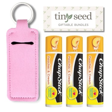 Set of 3 Lip Balms in Peaches and Cream Flavor from Chapstick, Plus Bonus Lip Balm Holder Keychain (Pink). Limited Edition Flavor from the I Love Summer Collection, Unique Gift Bundle from Tiny Seed