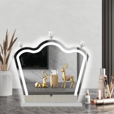 BSLE Make up Mirror with Lights, White Lighted Vanity Mirror, Three Color Adjustable Vanity Mirror with Light, Make up Mirror with Crown-Shaped Design, Suitable for Bedroom, Hotel and etc.