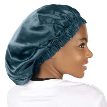 Silk Bonnet for Sleeping, Double 100% Pure Mulberry Silk for Maintaining Curly Hair Overnight, Soft and Breathable Design (1Pc, Blue)