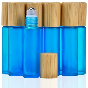 Essential Oil Roller Bottles 10 Pack 10 ml Frosted Glass Essential Oil Roller Bottles with Stainless Steel Roller Ball Bamboo Cap Bulk for Essential Oils