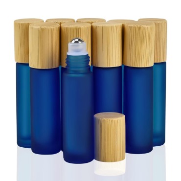 Essential Oil Roller Bottles 10 Pack 10 ml Frosted Glass Essential Oil Roller Bottles with Stainless Steel Roller Ball Bamboo Cap Bulk for Essential Oils