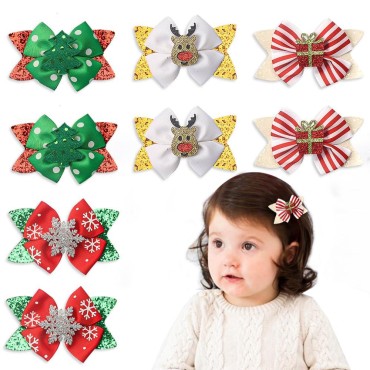 ALIBBON 8 Pcs Christmas Hair Bows for Girls, Glittering Christmas Tree Snowflake Hair Clips for Woman, Reindeer Hairpins for Kids, Christmas Hair Accessories for Holiday Party Supplies
