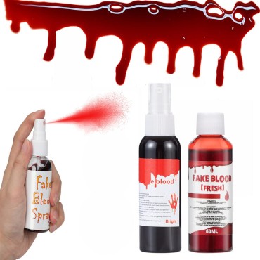 Quiet&Far Fake Blood Kit - 2 Bottles (2.1oz Each) Spray & Dripping-Washable Halloween Fake Blood for body paint,Eye Blood Drops - SFX Makeup for Blood Splatter Costume, Zombie, Clown, Vampire, Monster