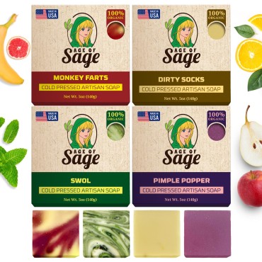Age of Sage Natural Soap Bar, Prank Gifts for Teens - Face & Body Skin Care w/Shea Butter - Teen Tango Scents: Floral, Fruity w/Musky Undertones - 4-Pack