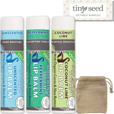 Vegan Lip Balm Set - Variety Pack of 3 Soothing Touch Lip Balms. Large 0.25 oz size. Includes Bonus Muslin Pouch (3 x 4 in). Unique Gift Bundle from Tiny Seed (Coconut Lime, Peppermint, Unscented)