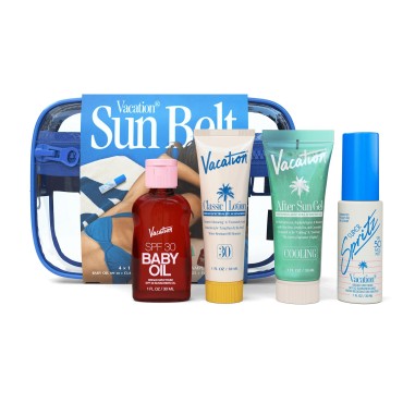 Vacation Sun Belt Sampler Bag, Includes Mini Baby Oil SPF 30 (1 fl oz), Super Spritz SPF 50 Face Mist (1 fl oz), Classic Lotion SPF 30 (1 fl oz), After Sun Gel (1 fl oz),“Festival Friendly” Fanny Pack