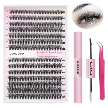 DIY Lash Extension Kit 280pcs Individual Lash Clusters D Curl Eyelash Extension Kit 30D 40D Lashes Extension Kit with Lash Bond and Seal and Applicator Tool To Apply at Home(30D+40D-0.07D-9-16MIX KIT)