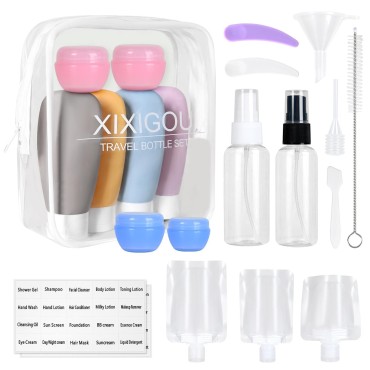 XIXIGOU 22 Pcs Leak Proof Travel Toiletry Bottles, Tsa Approved Travel Size Containers, Travel Shampoo Bottles with Labels Refillable Travel Accessories for Shampoo Conditioner Body Wash
