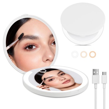 CORROY Rechargeable Travel Makeup Mirror 1x/3x Magnifying Compact Mirror with Light Dimmable Lights are Automatically Turned On for Handbags Purses Pockets Gifts White
