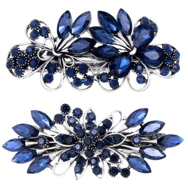 CustomyLife 2pcs Vintage Crystal Hair Barrette, Non-Slip Sparkly Bun Updo Hair Clip, French Bling Rhinestone Alloy Flower Hair Accessories for Woman Girl-Blue
