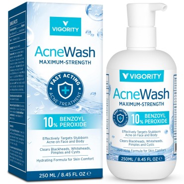 Vigority Benzoyl Peroxide Acne Treatment Wash: 10% Benzoyl Peroxide Face Body Wash - Maximum Strength Ance Non-Foaming Facial Wash - Fast Acting Acne Control Cleanser