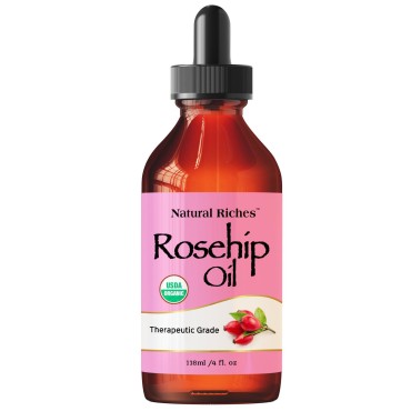 Natural Riches Organic Rosehip Seed Oil for Face 100% Pure Natural Cold Pressed Unrefined Non-GMO Carrier Oil for Skin Hair & Nails. 4 fl oz.