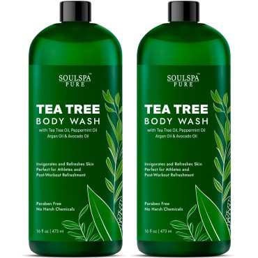 SOULSPA PURE Tea Tree Body Wash Men & Women - Shower Gel Soap with Peppermint - Helps with Body Odor, Soothes Itching, Deep Cleansing Post Workouts - 16 fl oz x 2